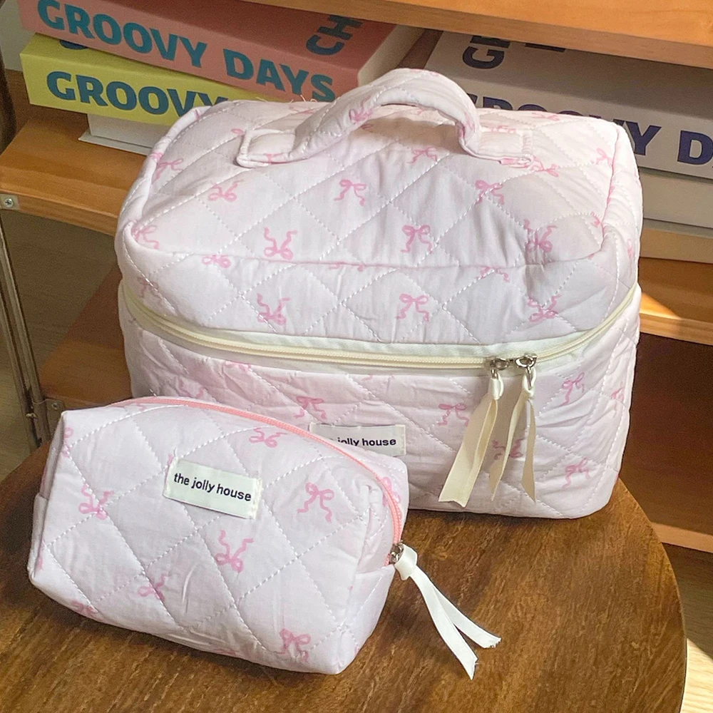 2024 Pink Bowknot Quilting Women Cosmetic Bag Portable Zipper Makeup Travel Organizer Female Handbag Toiletry Pouch For Girls