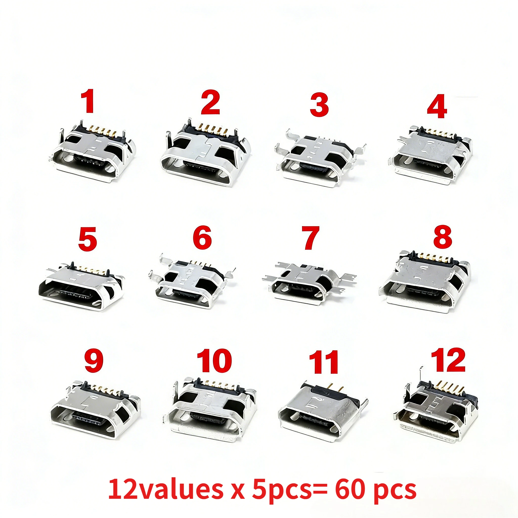 60pcs Micro USB Connector Socket Kit 5 Pin Socket Connectors Assortment (SMD + DIP) for DIY Electronics & Repair Projects