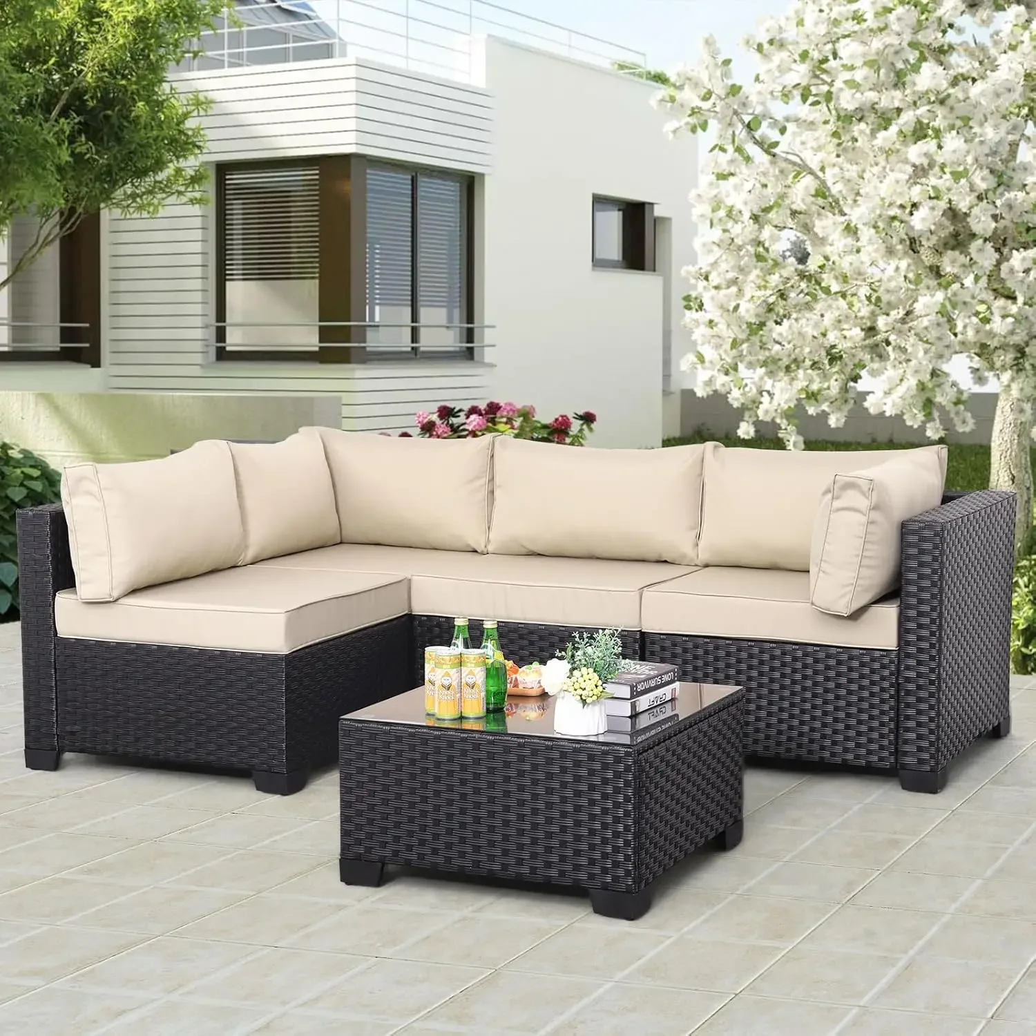 

Outdoor Patio PE Wicker 5 Piece Furniture Set, Black Rattan Sectional Conversation Sofa Chair with Coffee Table,Khaki Cushion