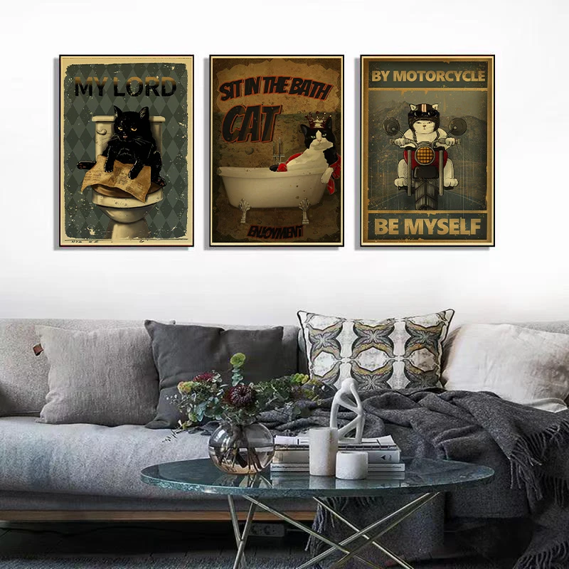 Black Cat Nostalgia Poster Kraft Paper Prints Salon Decor Cartoon Picture 2022 Arrivals Decoration Wall Sticker Bedroom Painting