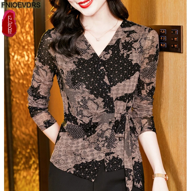 السنة الجديدة عيد الميلاد بقماش شفاف ربطة القوس فيونكة القمم البلوزات الدانتيل متابعة الأزهار طباعة ريترو خمر قمة أنيقة مكتب سيدة أساسيات القمصان #3