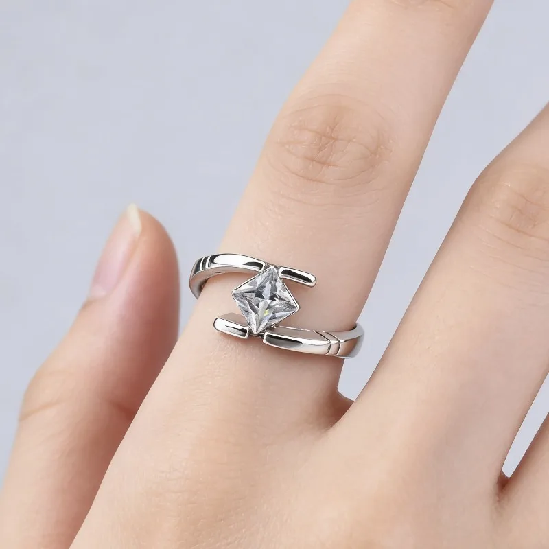 Jianjie クリエイティブ幾何学的形状リング女性のためのプリンセスカットスパークリングジルコンリング結婚式婚約眩しいレディジュエリー 1