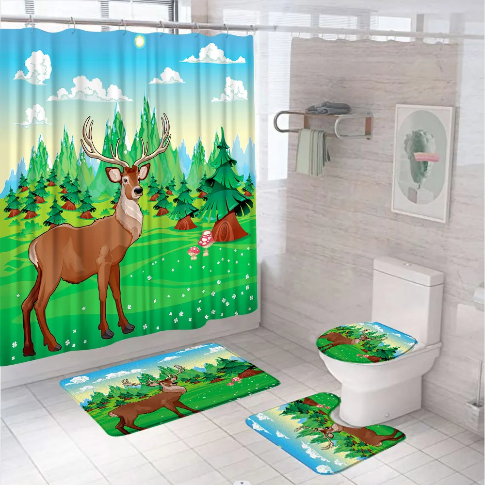 Funny Cat Bathroom Set with Shower Curtain Rug Bath Mat Lid Toilet Cover  Black White Cartoon Pet Animal Kids Bath Curtains Home