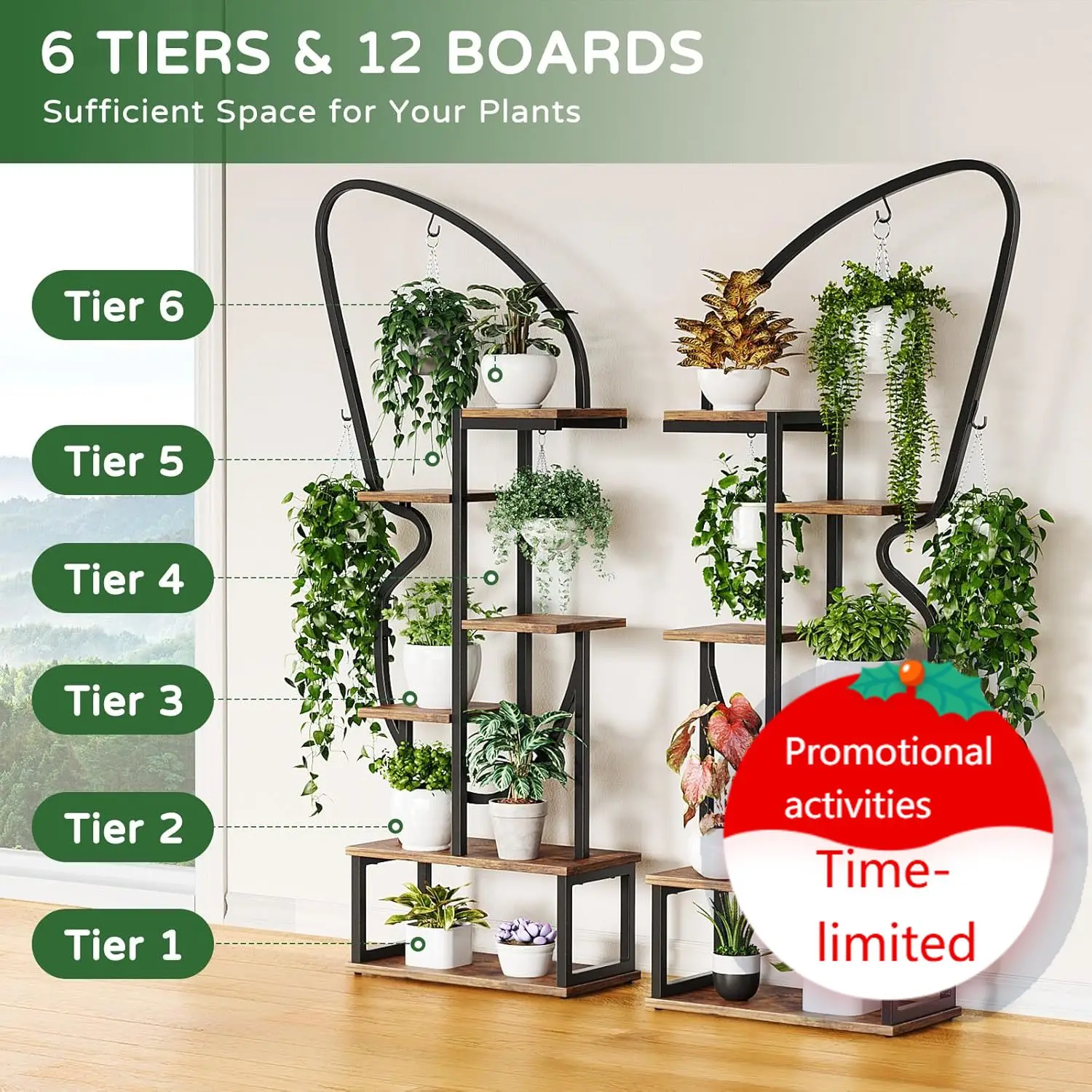 

6 Tier Plant Stand Indoor Butterfly-Shaped, Tall Metal Stand with 6 Hooks & 12 Boards, Large Ladder Shelf with