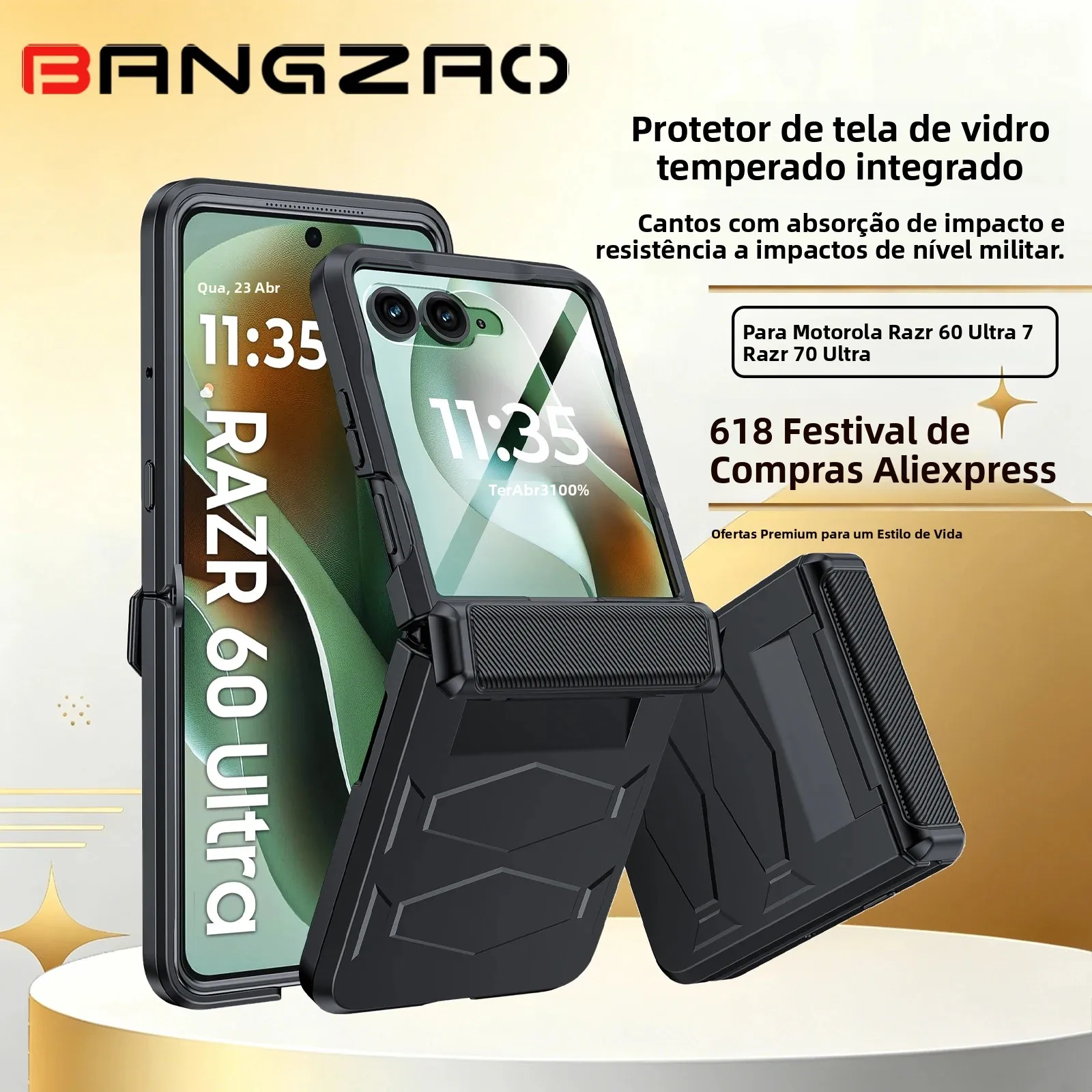 Promoção 618! Para Motorola Razr 60 Ultra/70 Ultra, Vidro Temperado HD Embutido, Proteção Militar Contra Quedas, Capa de Proteção para Dobradiça - Preto