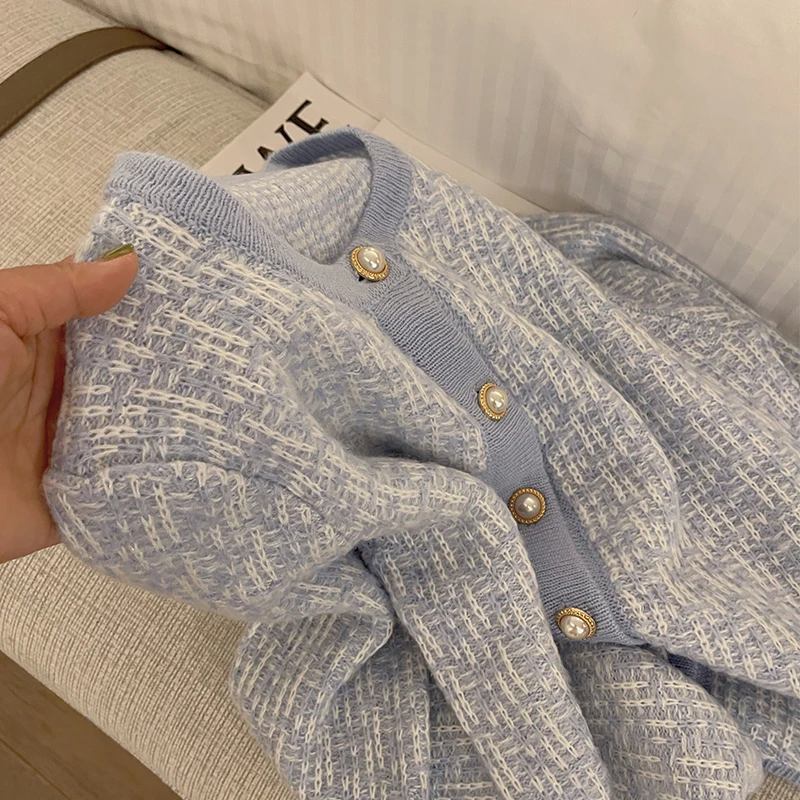 Women\'s Blue Sweater Round Neck Pearl Button Cardigan Long Sleeve Casual Vintage Fashion Baggy Ladies Outerwear Tops Autumn