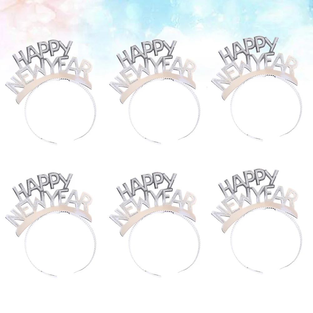 

6Pcs Aluminum New Year Headband Silver Happy New Year Glitter Party Accessories Props Celebration Supplies
