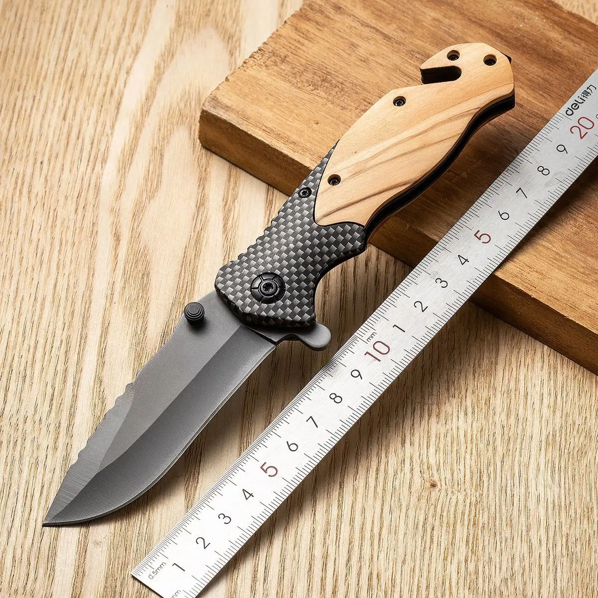 Steel Outdoors Folding Knife for Men High Hardness Self Defense Survival Military Tactical Pocket Knives Wooden Knife Handle