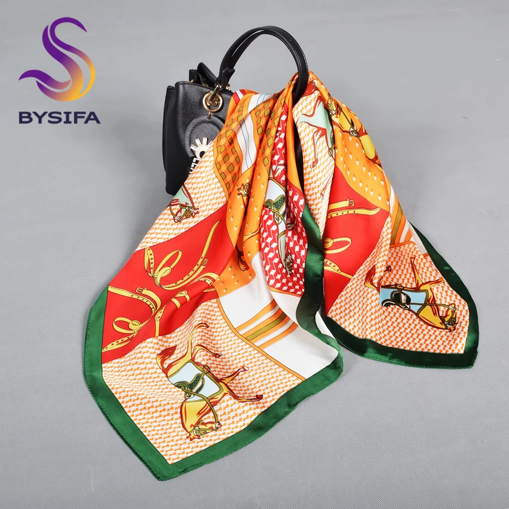 BYSIFA Brand Plaid Horse Square Scarves Foulard Women Fashion Orange Green Silk Scarf Cape Fall Winter Head Scarf Accessories