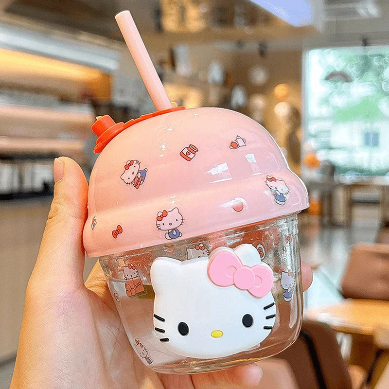 Sanrio Hello Kitty Straw Cup Portable Glass Coffee Cup Fashion Cartoon Straw Glass Children's Water Cup Birthday Gift For Friend