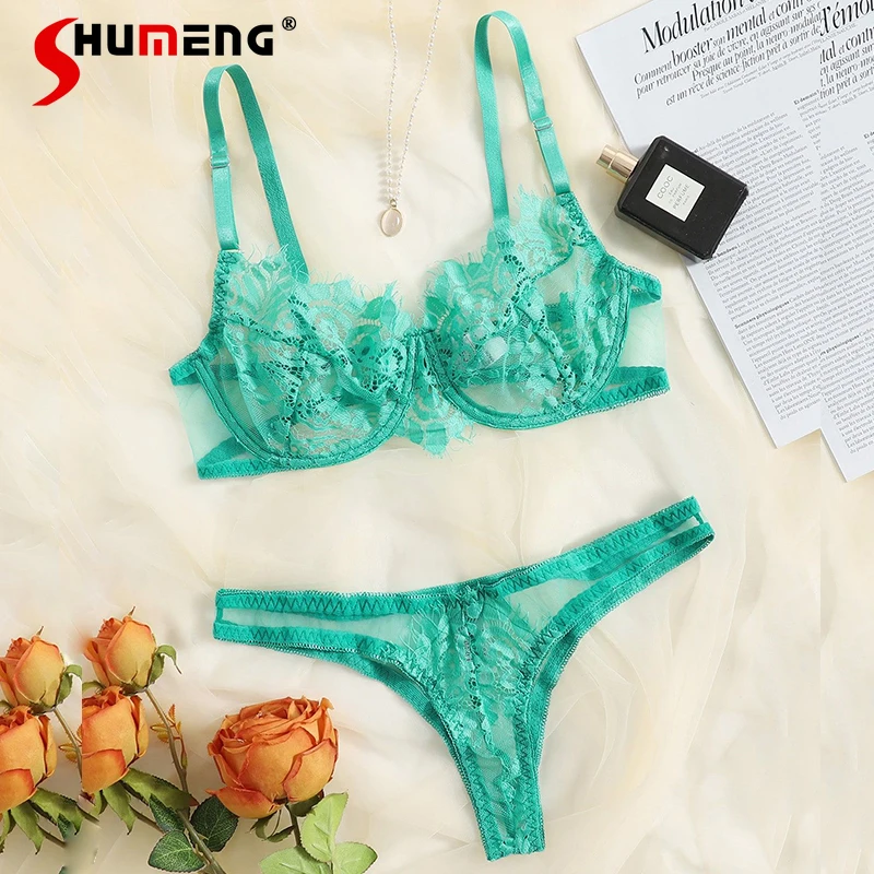 

Sexy Lingerie Suits for Women Lace Solid Color Lace Bra Set with Underwire Female Ultra Thin Half Cup Transparent Brief Sets