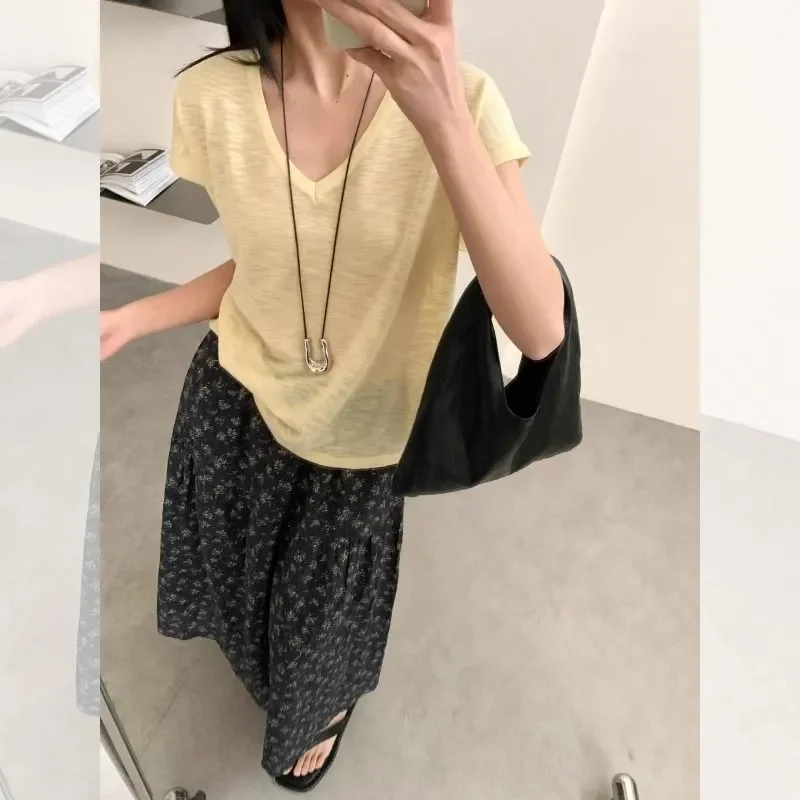 

Women's V-Neck Linen Blend T-Shirt Sheer Short Sleeve Casual Loose Fit Summer Top