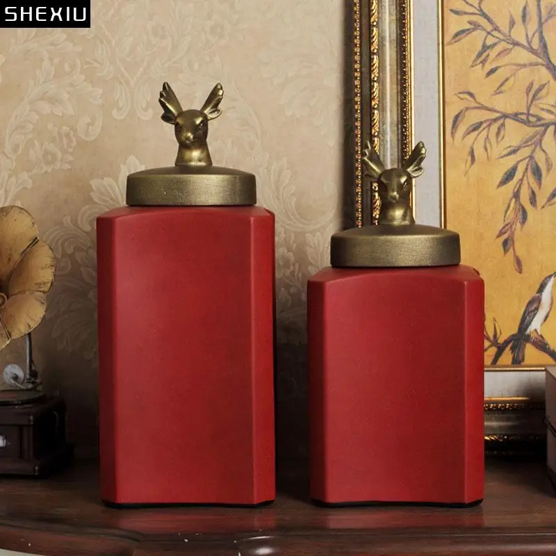 

Gilded Deer Head Decorative Jars Storage Tank Modern Decor Red Ceramic Vase Artificial Flower Decoration Flower Arrangement