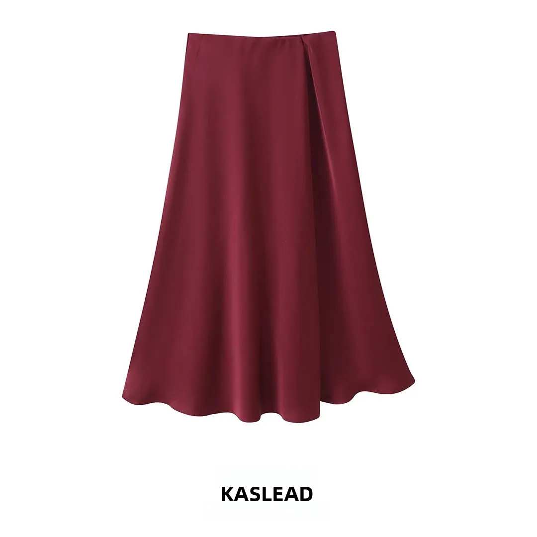 KASLEAD Women's Silk Satin Double-Breasted Midi Skirt Fashionable A-Line Slim Fit Polyester Fiber mid Waist Design