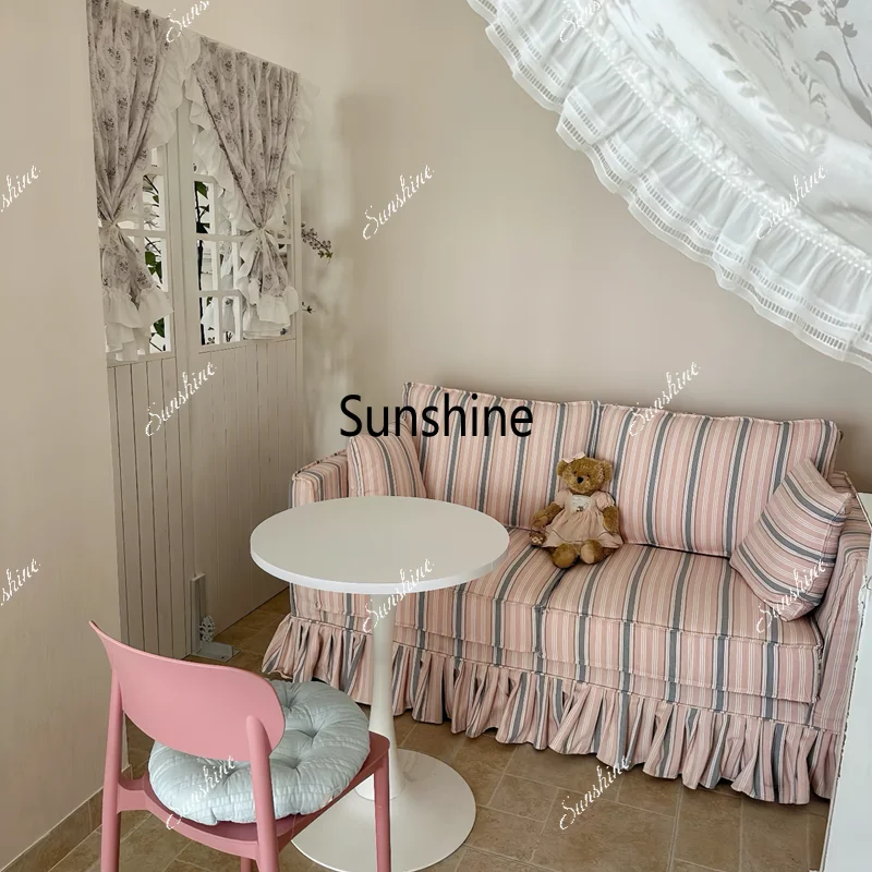 French vintage cream-style pink striped double sofa