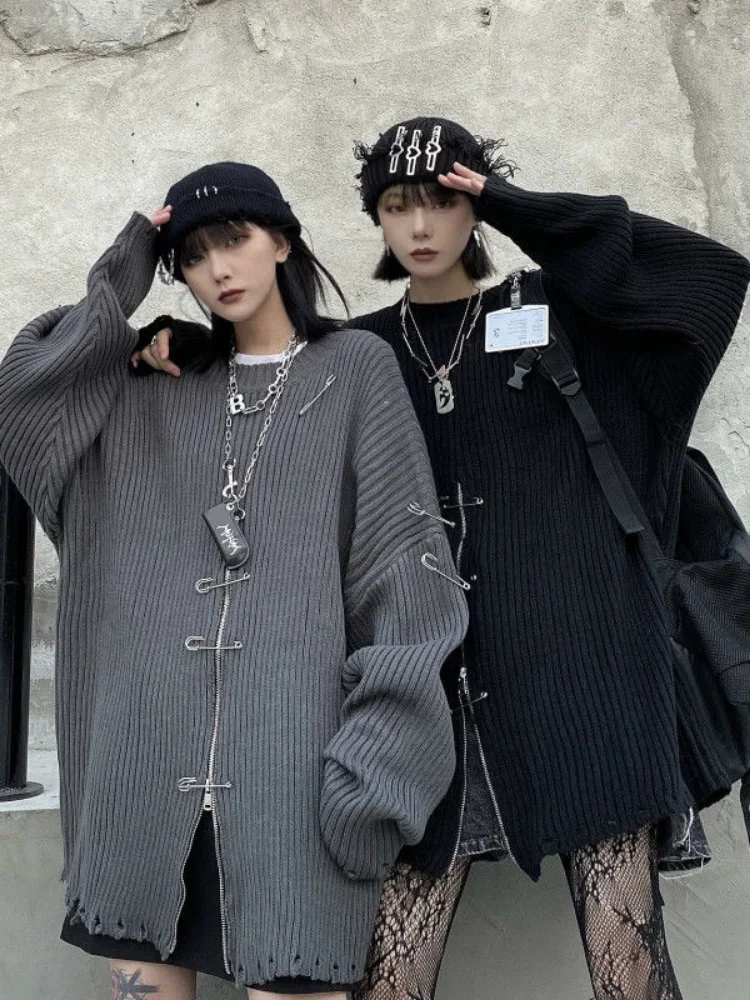 QWEEK-Camisolas de malha Harajuku gótica feminina com zíper, streetwear da moda coreana, top de malha punk gótica, outono, 2022