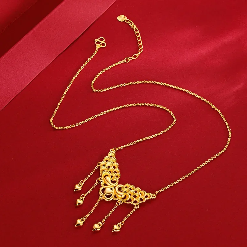 9999 Real Gold 24K Genuine High-color Wedding Bride Peacock Chain, Ethnic Style Versatile Peacock with Fringed Necklace