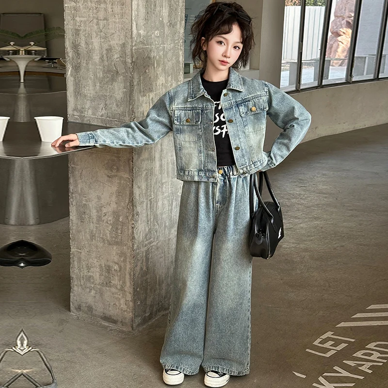 

Girls' Denim Set Casual Retro Children's Denim Jacket+Jeans Set Autumn Clothing for Girls and Teenagers Aged 6-15 RM16