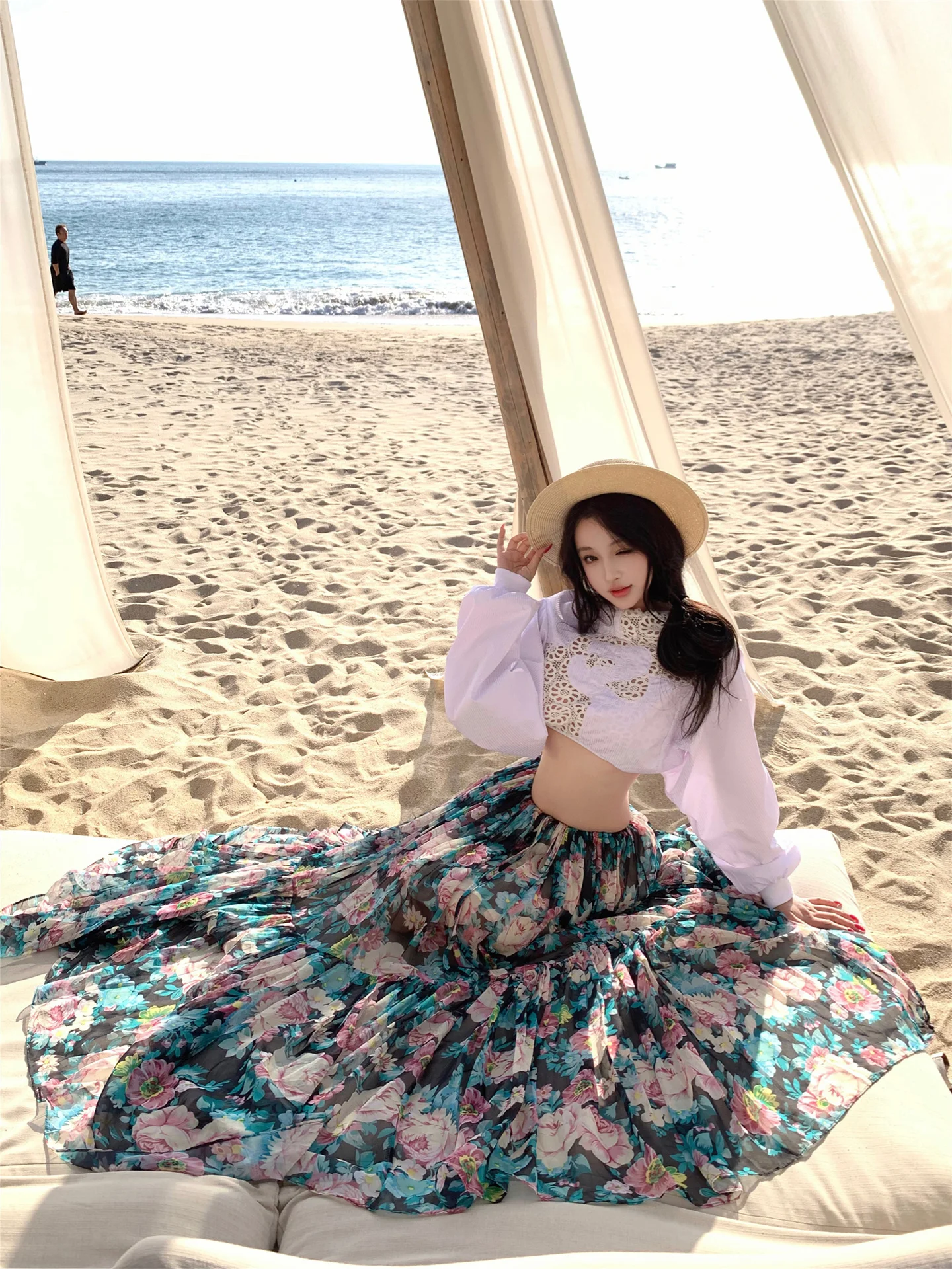 

Vacation Style White Hollow out Long Sleeve Shirt And Printed Skirt Two Piece Set for Women Spring Season Floral Pattern