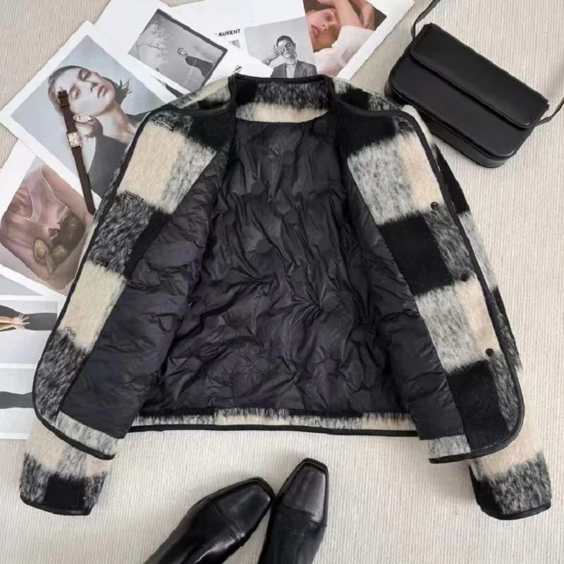 

Fashion Plaid Thick Short Quilted Woolen Coat Women Down Cotton Padded O-neck Single Breasted Autumn Winter Jackets Outerwear