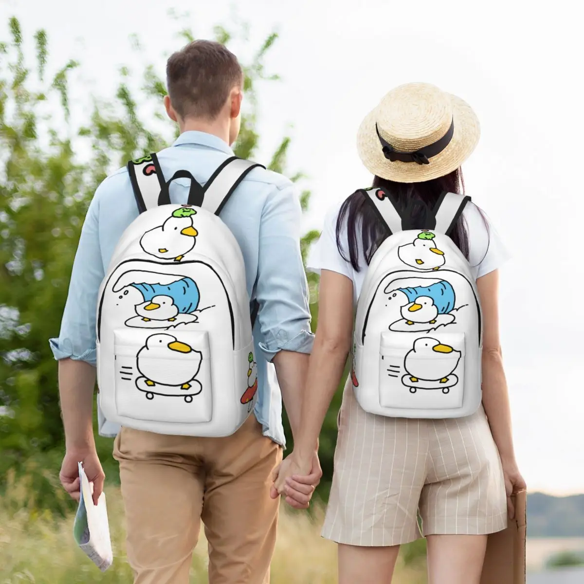 Pato e sapo escola mochila para homens e mulheres, kawaii, leve, bonito, cogumelo Daypack, elementar High College, estudante