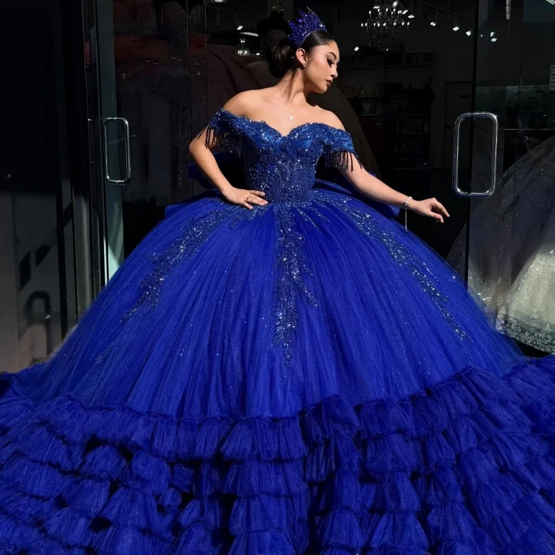 

Shiny Royal Blue Quinceanera Dresses Off the Shoulder Glitter Decal Lace Layering Long tail Bow Vestidoe 15 Quinceanera Customiz