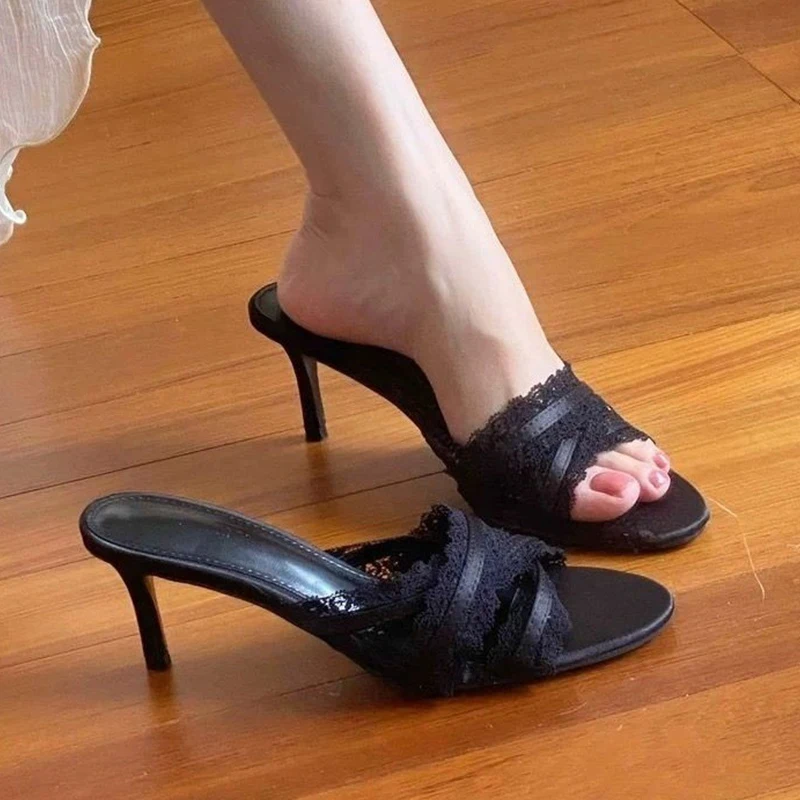 Women High Heels Slippers Sexy Heeled Elegant Sandals Woman Shoes Lace Designer Party Dress Slides Fad Pumps Mujer Flip Flops