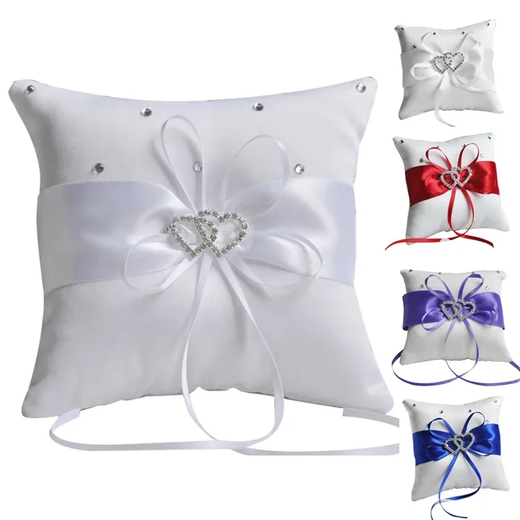 Romantic Ring Pillow 10x10cm Bridal Wedding Double Heart Ribbon Cushion Decor