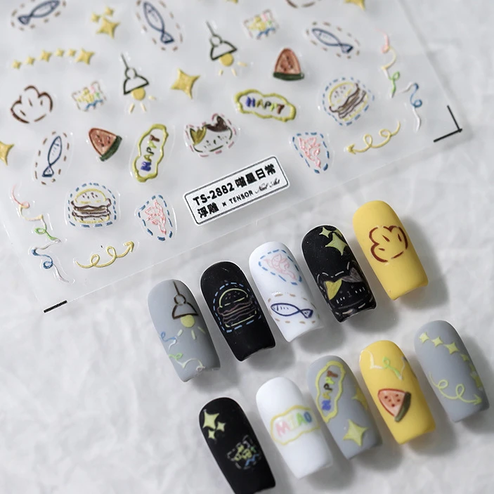 Auto-adesivo Nail Art Sticker, 3D Manicure Decal, gato bonito, dinossauro, desenhado à mão, desenhos animados Graffiti, relevos em relevo, linda mulher