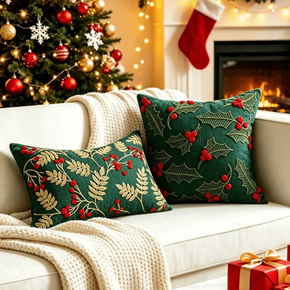 New Chenille Throw Pillow Covers Embroidered Cherry Soft Plushie Pillowcase Christmas Tree Green Pillow Cases for Holiday