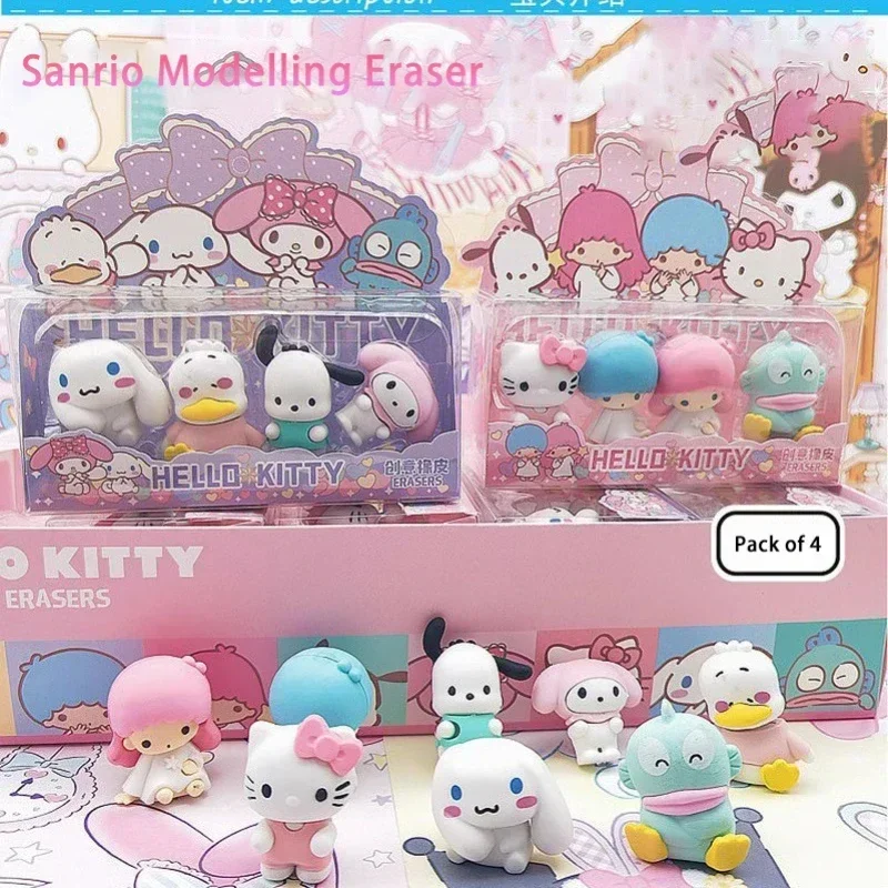 3D Removable Pencil Eraser Hello Kitty 4pcs/set Eraser Cartoon Anime Kuromi Melody School Supplies Student Stationery Gifts