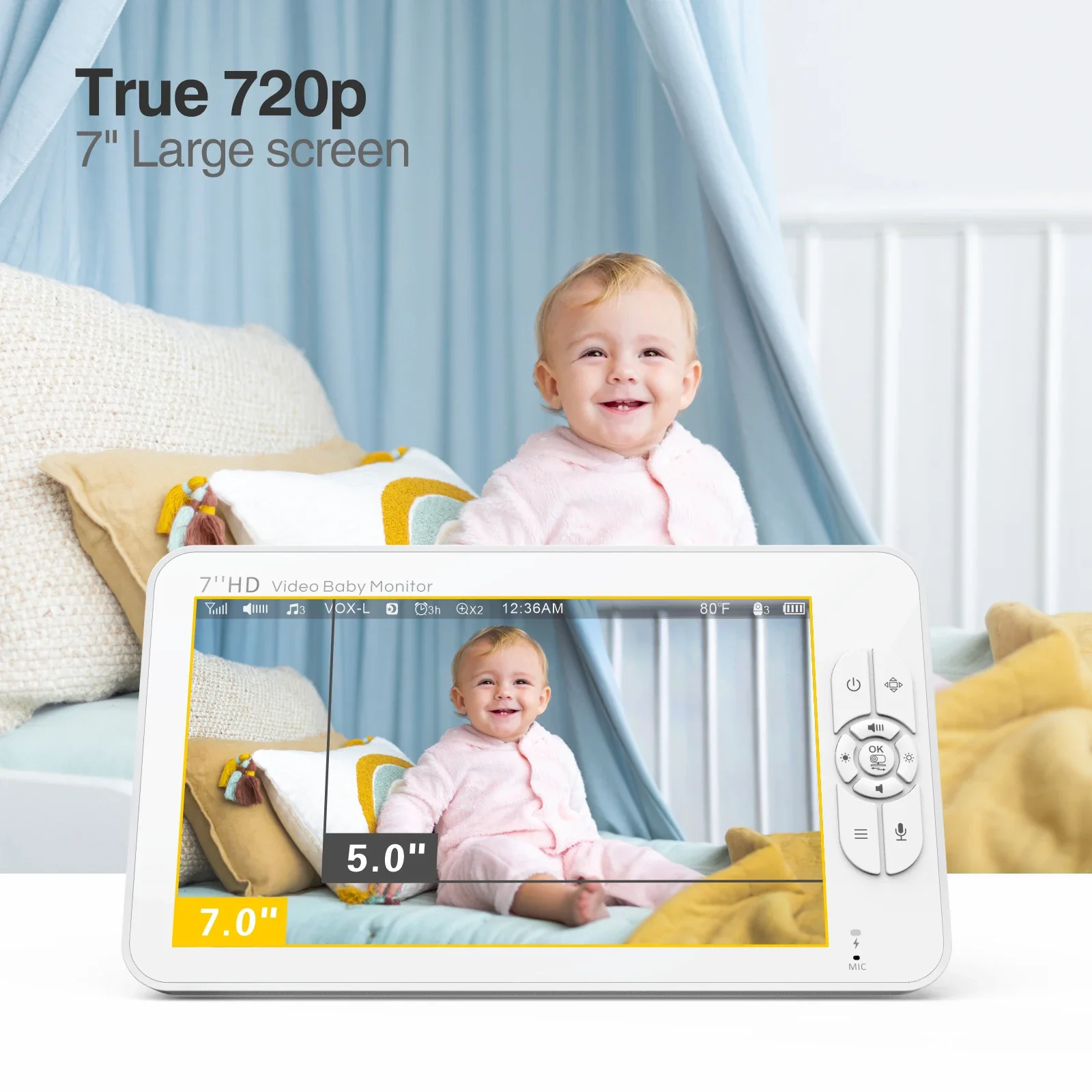 Babystar Monitor bayi Video 7 inci, layar HD 1080P, IPS, mendukung 2 HDCams, daya tahan baterai 24 jam, jangkauan 1000 kaki, mode terpisah, Babyphone