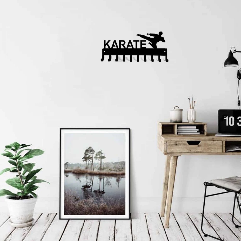 Karate Medal Display Belt Rack 14.5 Inches Wide Metal Wall Art with 10 Hooks, Perfect for Organizing Showcasing Achievements