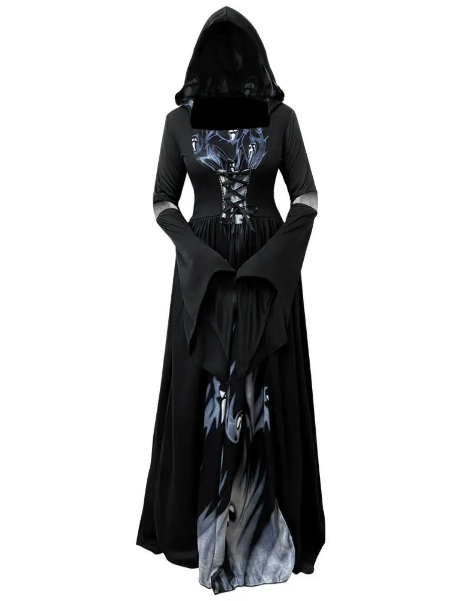 2025 جديد loween الساحرة الدكتور مع غطاء محرك السيارة الهيكل العظمي معالج تأثيري مرحلة الأداء زي المرأة التقليدية العرقية المرحلة C...