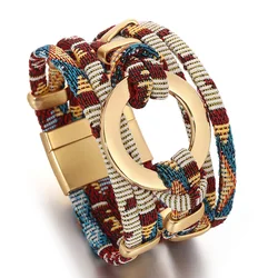 ALLYES Vintage holle ronde geweven lederen armband voor dames heren etnisch patroon meerlaagse wrap brede armbanden Boho sieraden