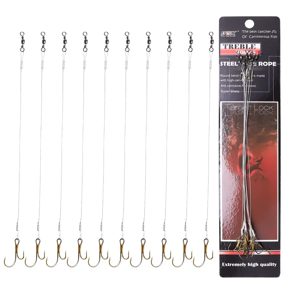 FTK 10 pièces Ligne de pêche en acier anti-morsure, fil de pêche en acier, hameçons doubles, cordelette en plomb, accessoire de pêche