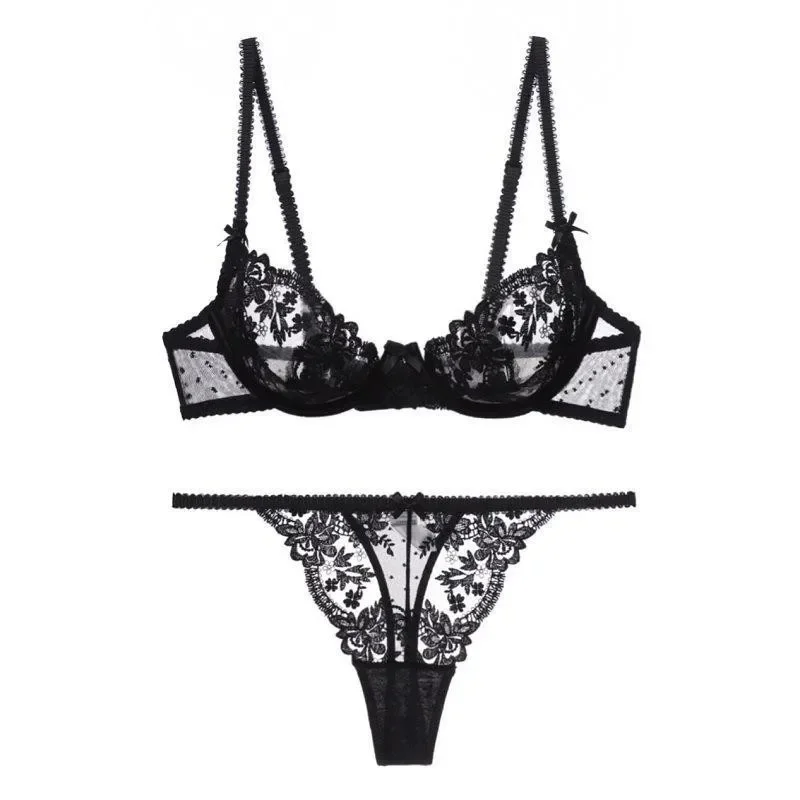 French Sexy Bra & Brief Set Lingerie Ultra-Thin See-Through Sexy Floral Lace Underwire Set Large Breasts Show Small Anti-Sag Bra