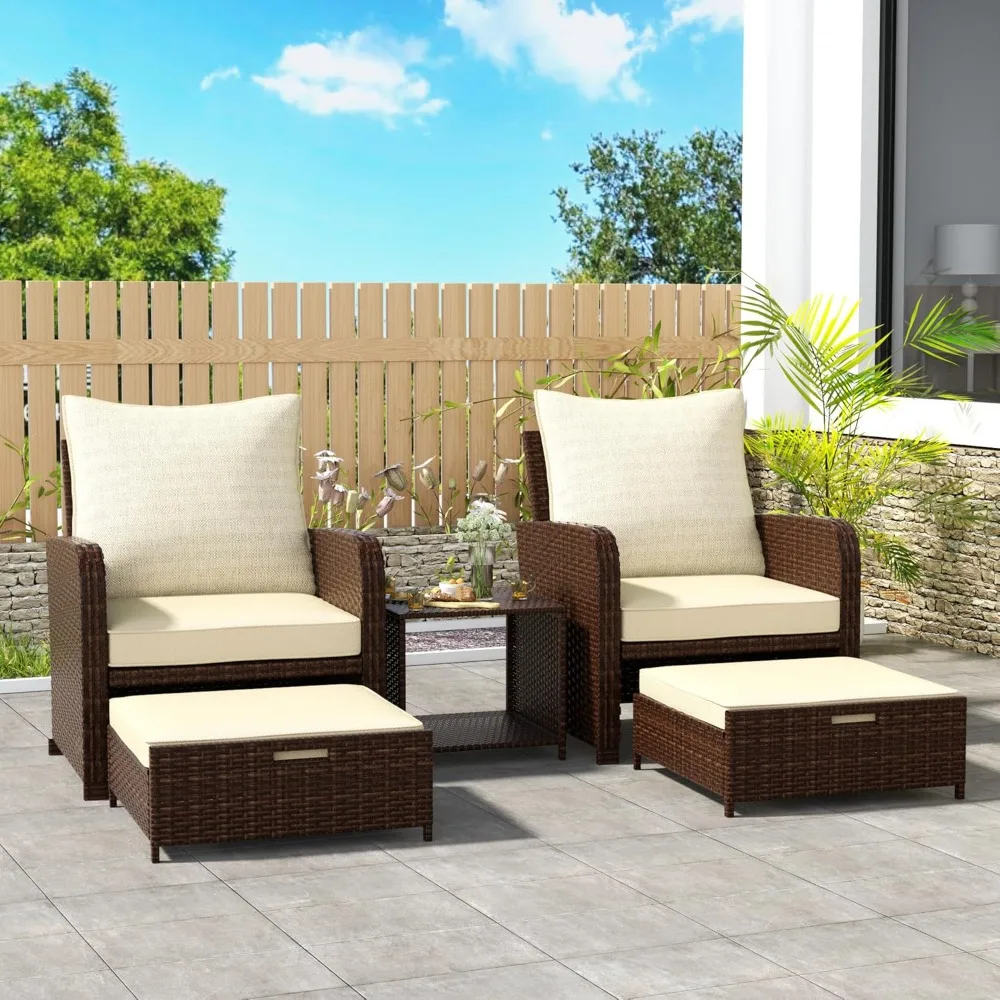 

5 Pieces Wicker Patio Furniture Set, Rattan Patio Conversations Sets, Patio Bistro Set with Ottoman and Table (Brown)