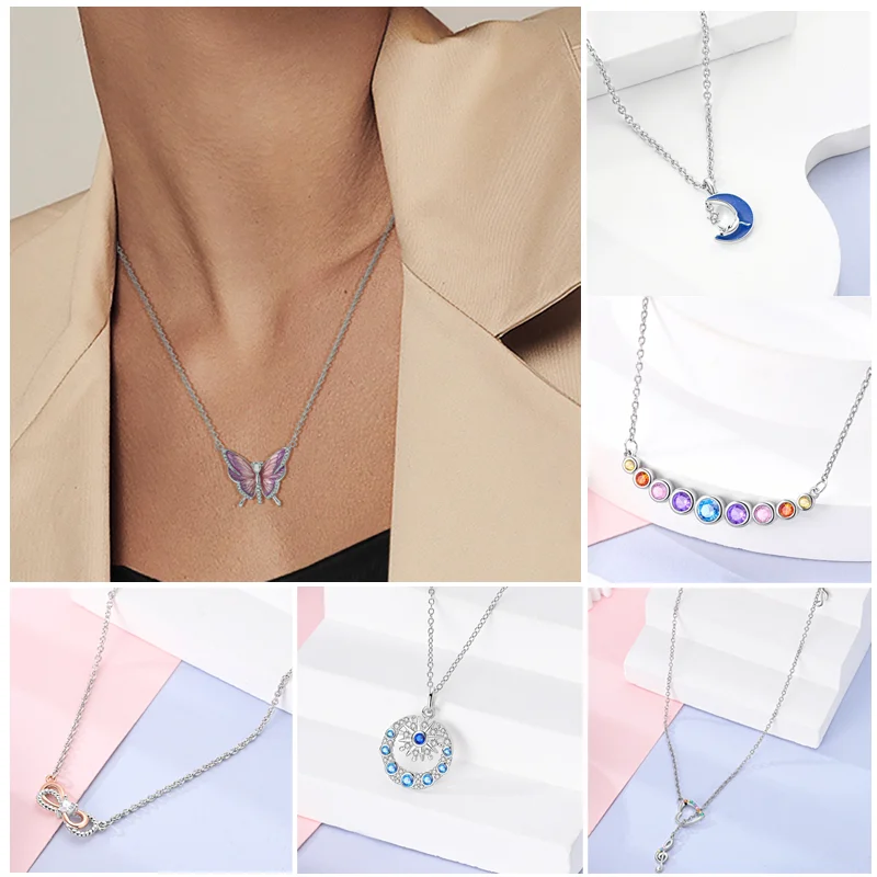 Neue Halskette aus 925er-Sterlingsilber, Original-Zirkon, Herz, Schmetterling, Sonnenblume, Anhänger, Halskette für Frauen, Geschenk, Party-Schmuck – Detail 5