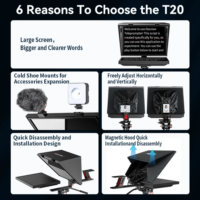 Desview T20 Teleprompter Teleprompter Profissional de 20 polegadas com Caixa de Alumínio para Estúdio Streaming Webcasters e Youtubers