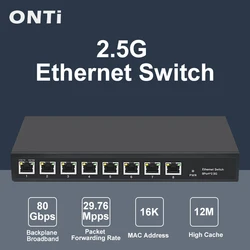 Switch ONTi-Ethernet com Gigabit, Porta Completa 5 ou 8, 2.5G Up-Link, Porta RJ45 ou SFP, Interruptor de Rede Fanless