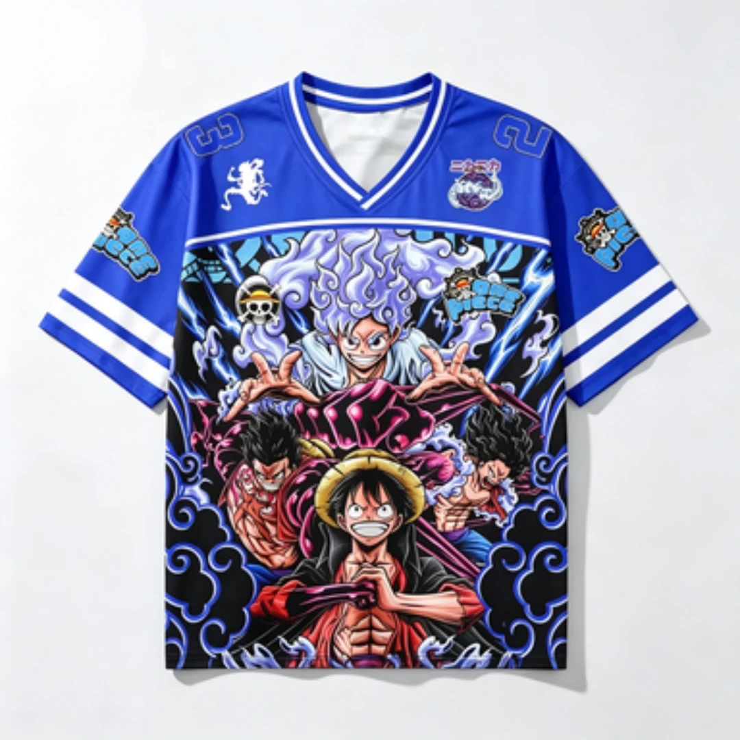 Luffy Equipment 5 Printed Mesh Sports Shirt, Quick Drying V-neck Anime T-shirt, Multi Character Cloud Thunder Pattern Sports Top