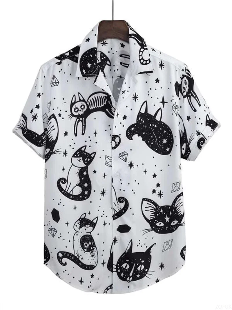 Cat Printed Cuban Collar Shirts for Men's Summer Vintage Elements Shirt Hawaii Beach Men's Clothing Outdoor Street Loose Top