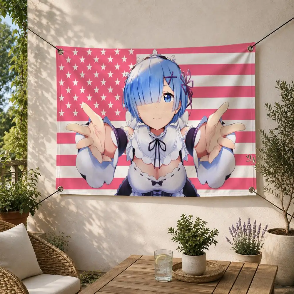 Fantasy Anime R-Rem Flags Decorative Flag Banner for Outdoor Garden Yard Camping Party Home Wall Hanging Decor