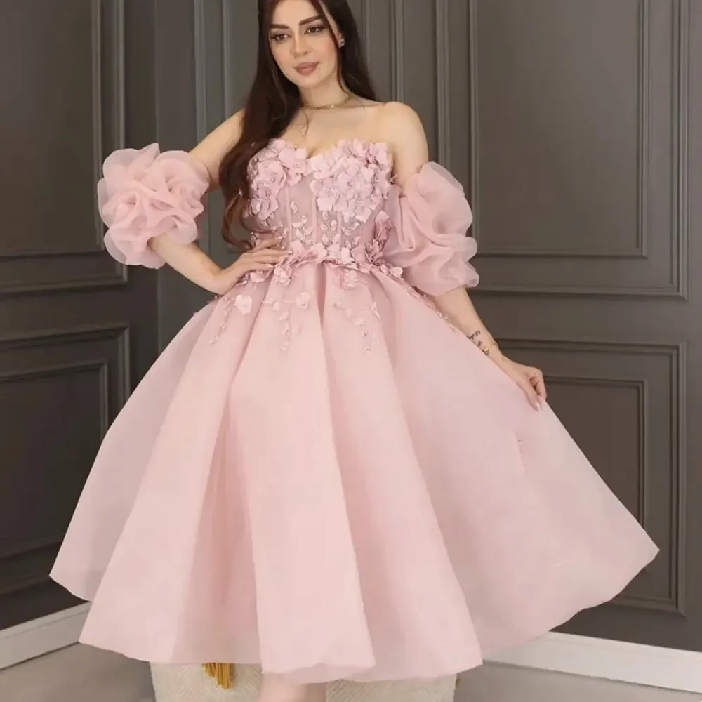 

Customized A Line Short 3D Floral Decal Ball Gown Sexy Detachable Short Sleeve Strapless Back To School Special Evening Dress