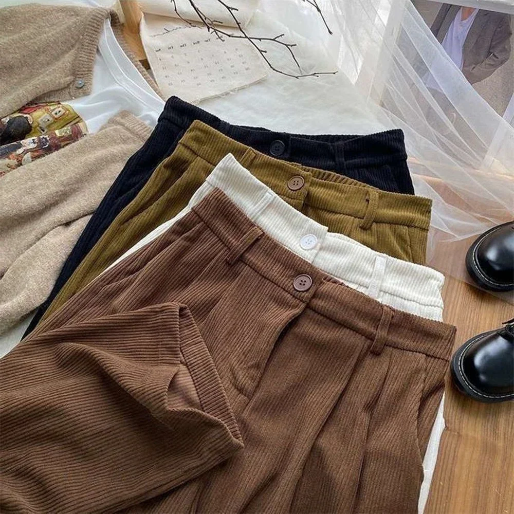 

Vintage High Waist Corduroy Pants Women Spring Fall Straight Causal Full Length Trousers Korean Fashion All Match Black Pants