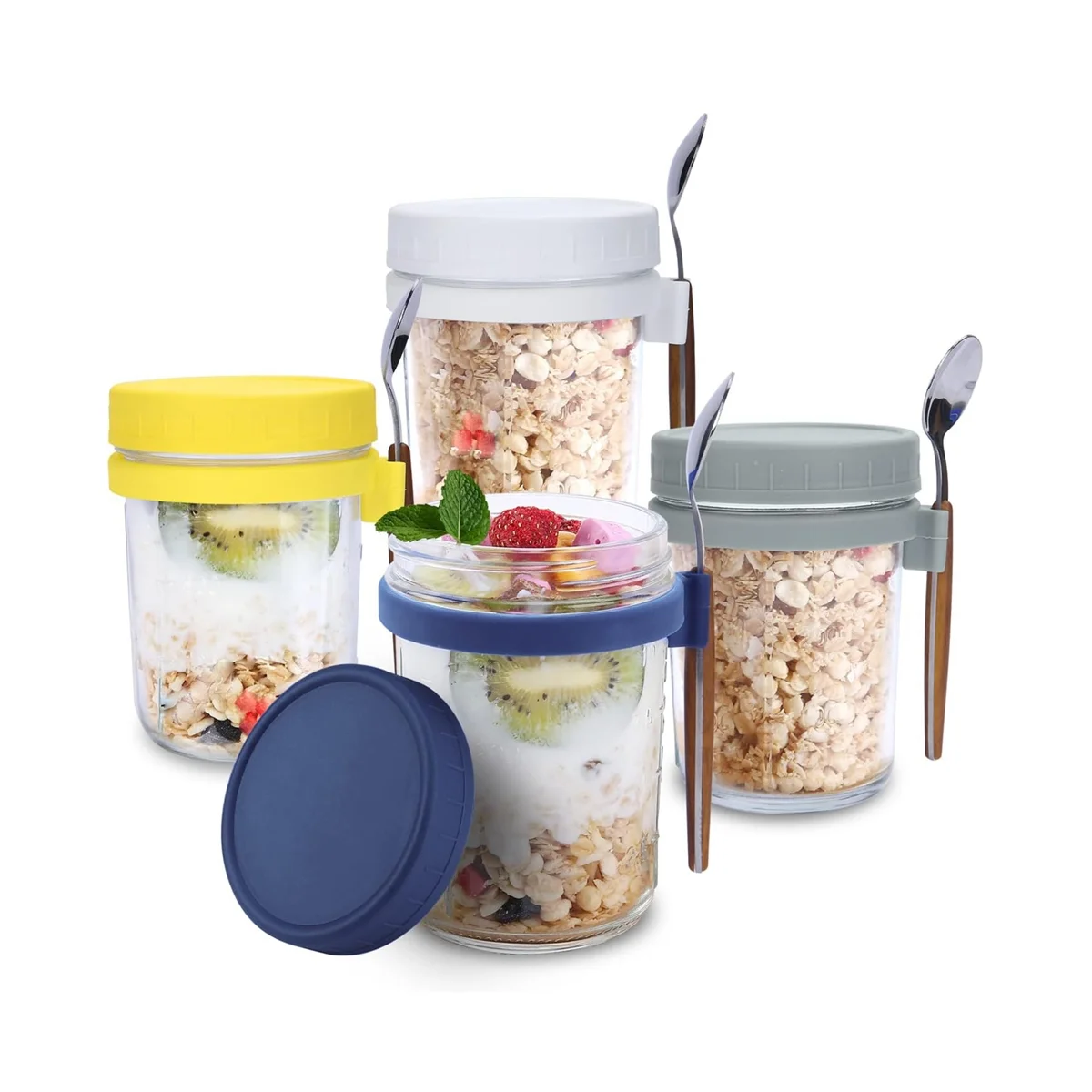 4Pack Overnight Oats Jars with Lids and Spoons, Reusable Glass Overnight Oats Container with Measurement Marks