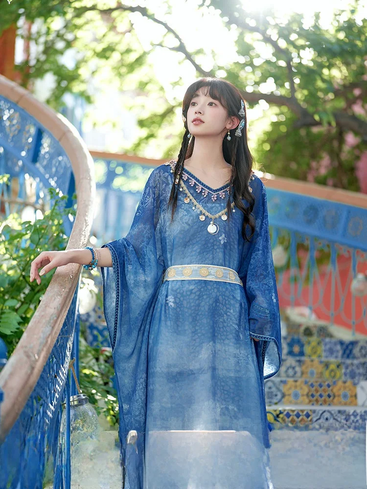 

Летнее женское платье с синим принтом тай-дай и этническим цветочным узором в стиле ханьфу, из полиэстера, повседневное, модное