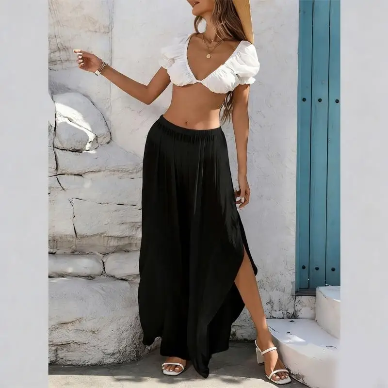 

Women Fashionable Vacation Ruffled Elastic Waist Wide Leg Flowy Pants with Slits JOME