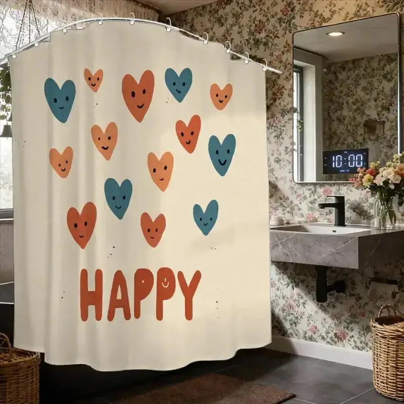 

Happy Hearts Shower Curtain – Smiling Blue & Orange Hearts, Bold "HAPPY" Text, 12 Hooks,Waterproof Cozy Bathroom Decor